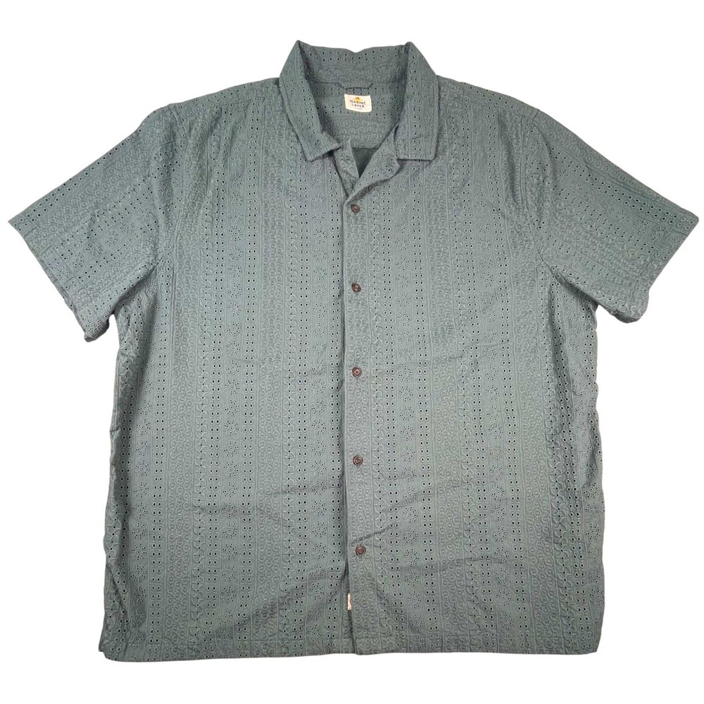 Marine Layer Shirt Mens XL Green Eyelet Cotton Short Sleeve Camp Collar